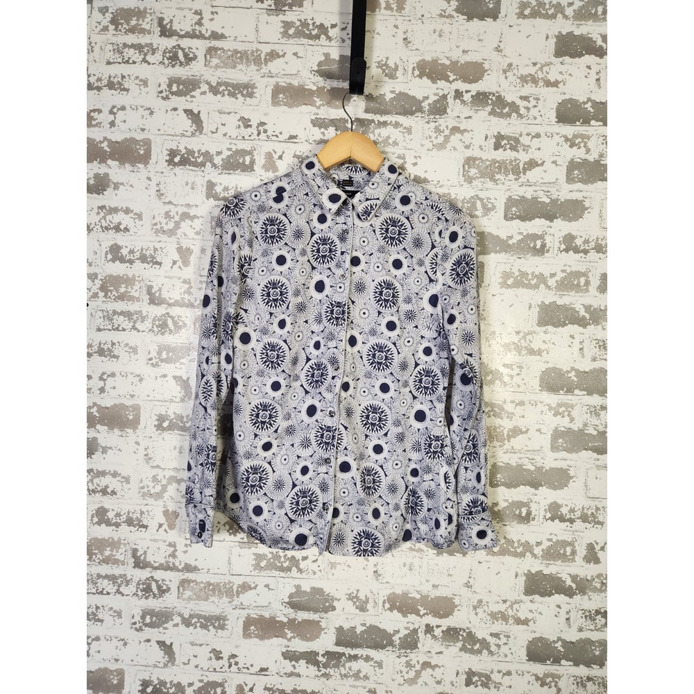 Barbour Button Up Shirt Womens Medium Blue Compass Yacht Boat Celestial